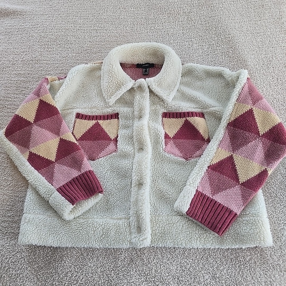 Forever 21 Women's Faux Fur Knit Diamond Patterned Button-Up Teddy Jacket Sz XL